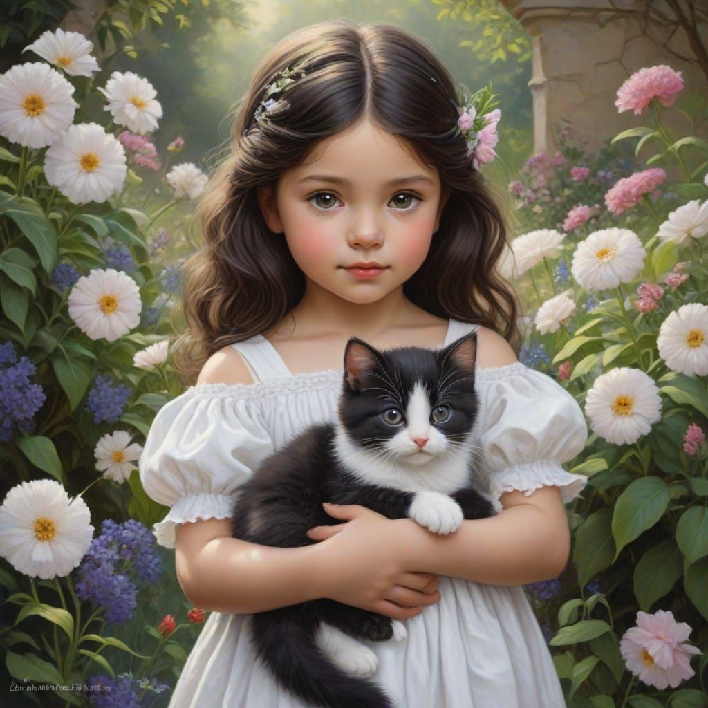 Child with Kitten in Flower Garden Oil Painting