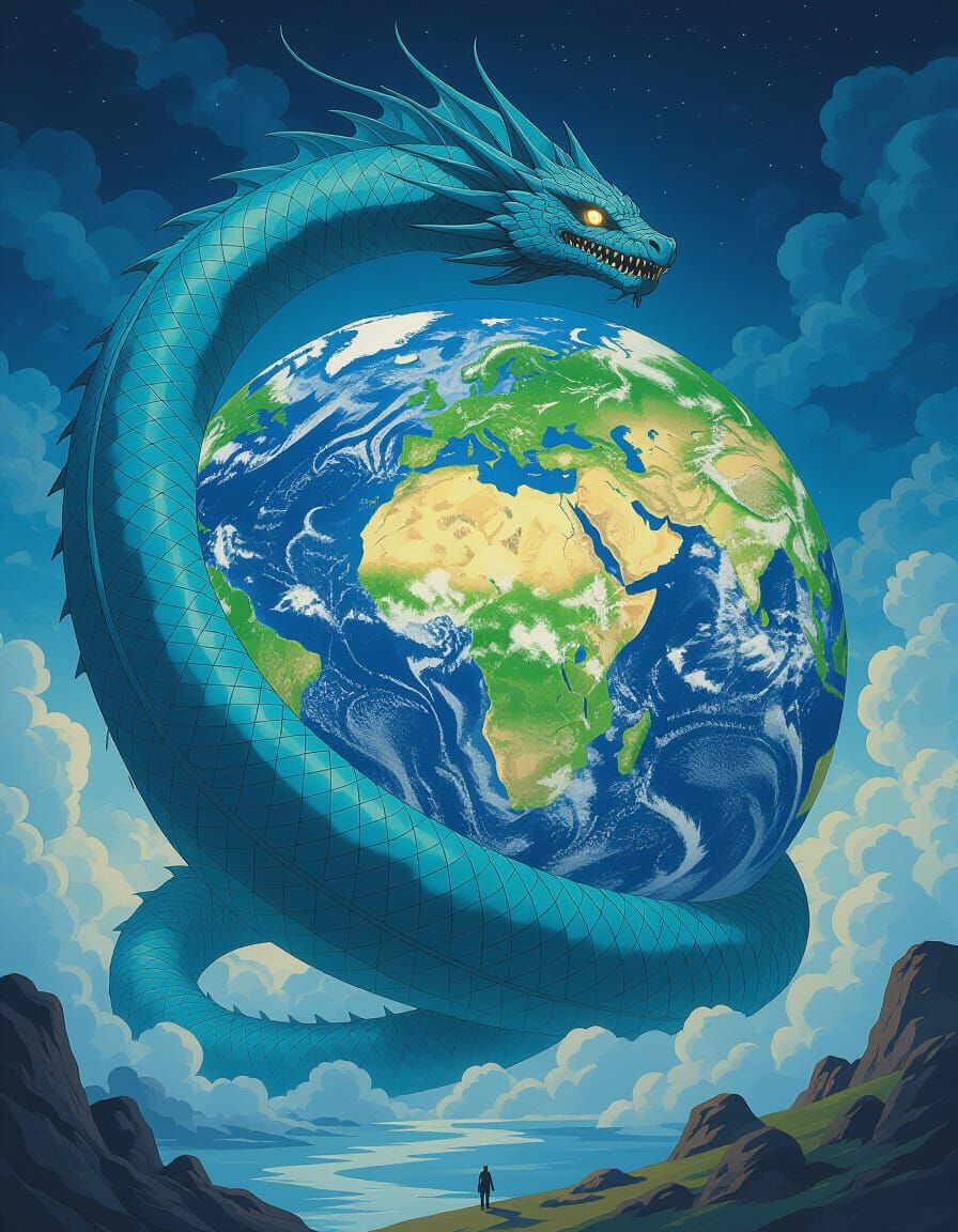 Jörmungandr Encircles Earth in Mystical Realism
