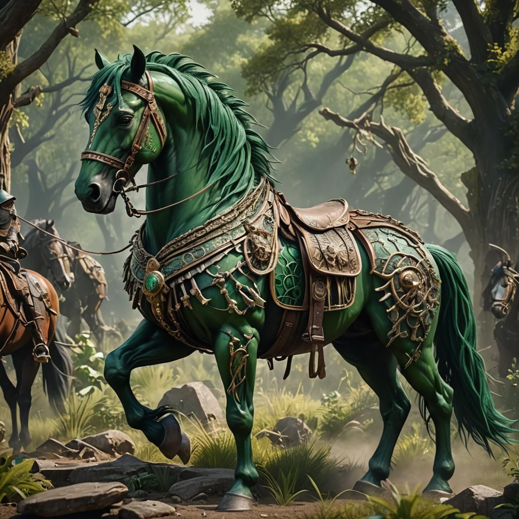 Armored War Horse with Bone Braids, Detailed Matte Painting