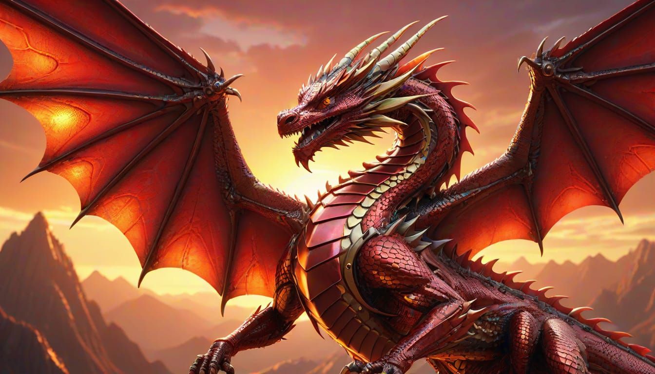 Cyberpunk Dragon Unfurls in Golden Sunset