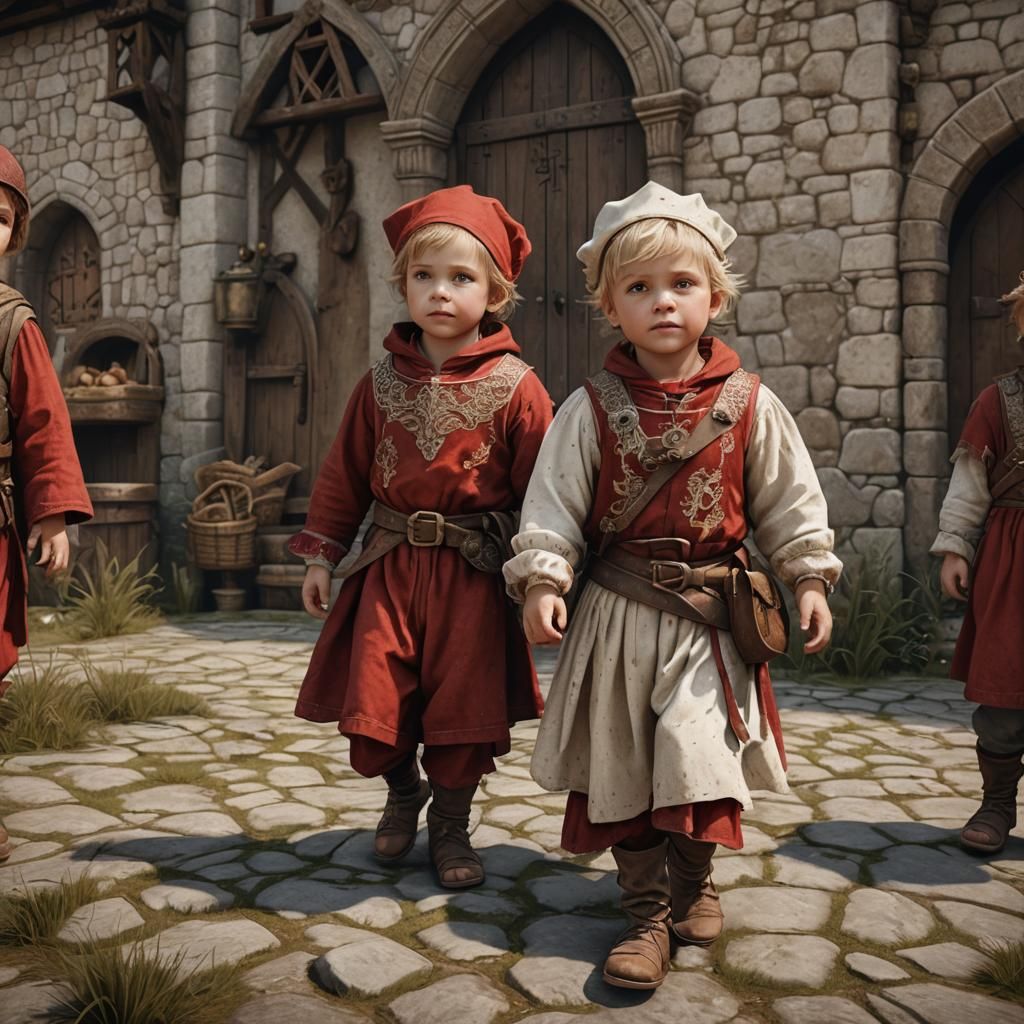 Toddler Brothers in Medieval Clothes: Detailed Matte Paintin...