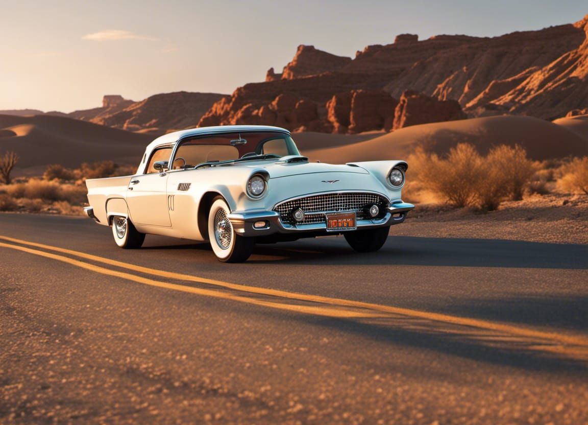 1957 Thunderbird on Desert Highway at Magic Hour