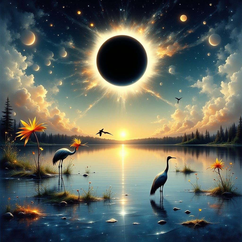 Birds Witness Solar Eclipse Over Lake in Watercolor Style