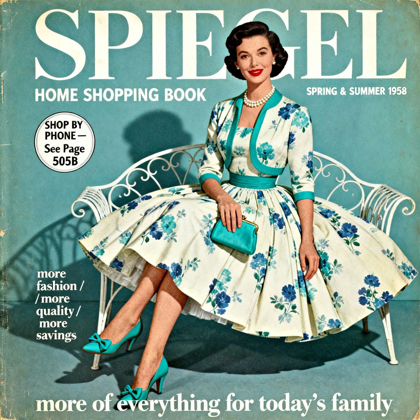 1950s Fashion Model in Floral Dress on White Bench