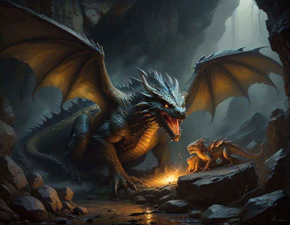 Dragon Mother Guards Vulnerable Hatchlings in Dark Cave