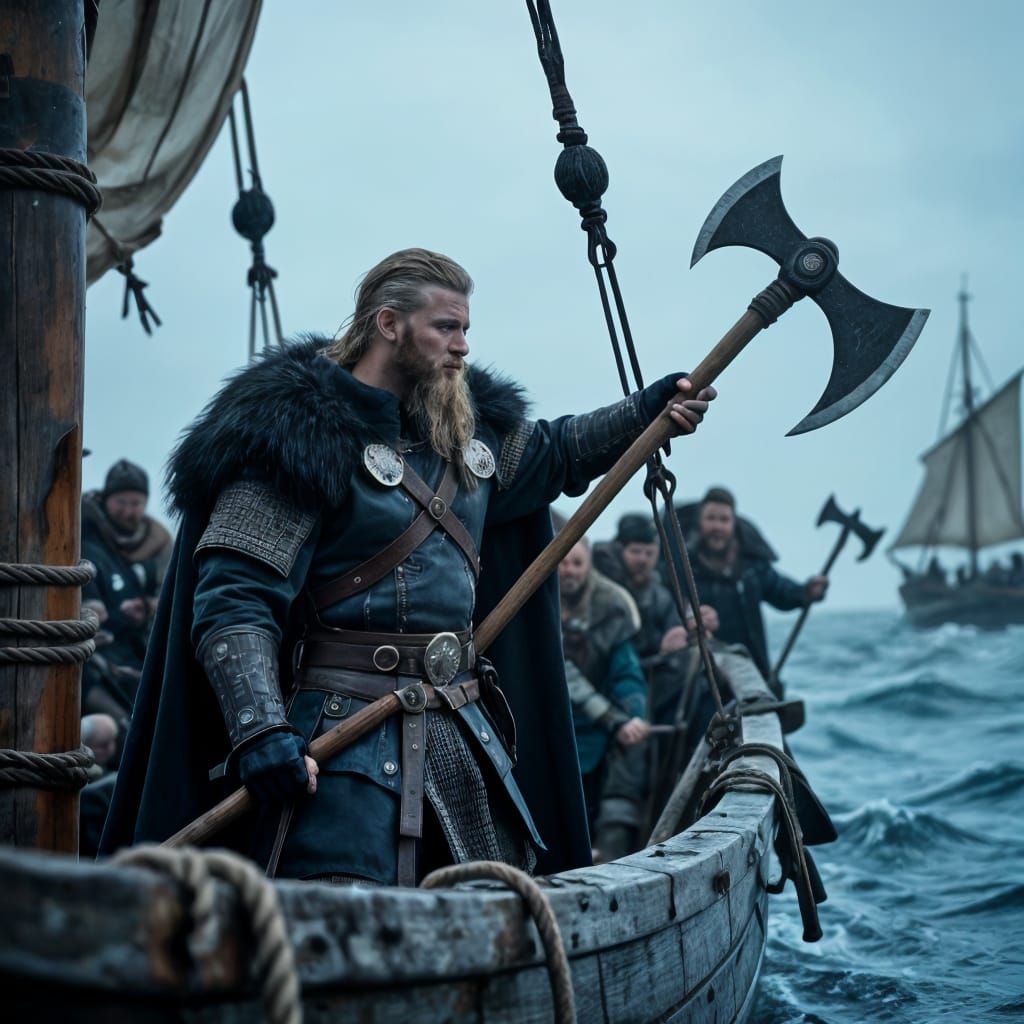Viking Longship Sailing to Shore in a Dark Cinematic Scene
