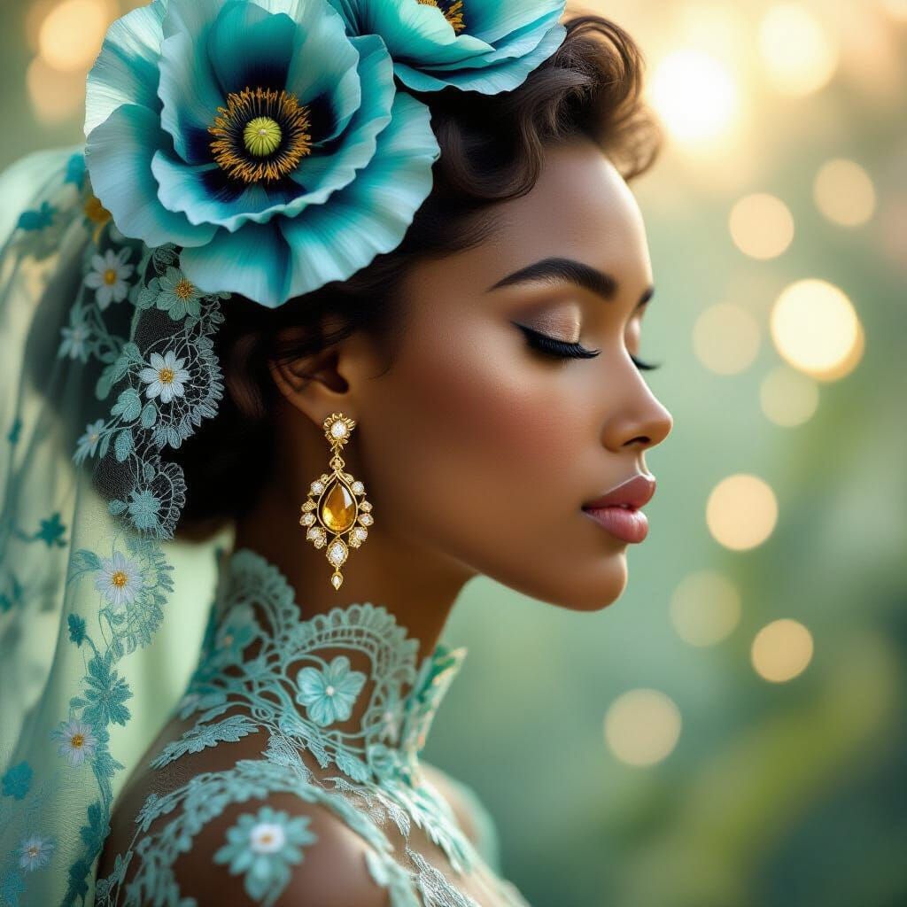 Tranquil Woman Portrait With Blue Poppies and Lace