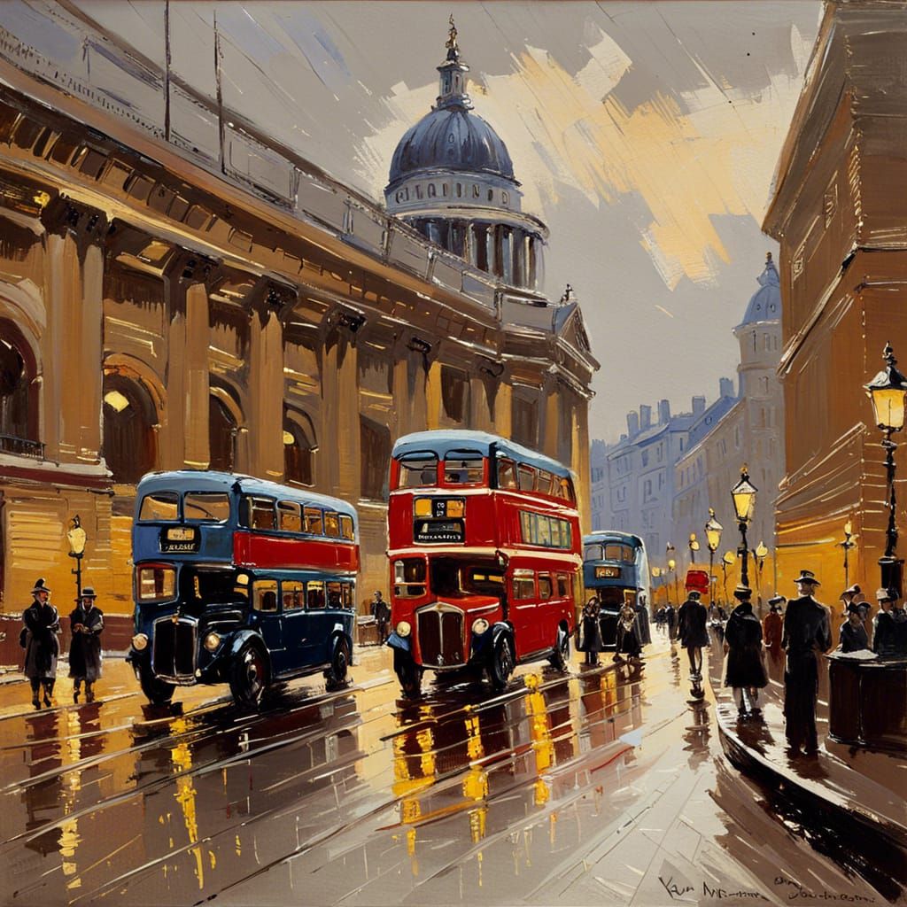 London Bridge Double-Decker Bus in Post-Impressionistic Oil