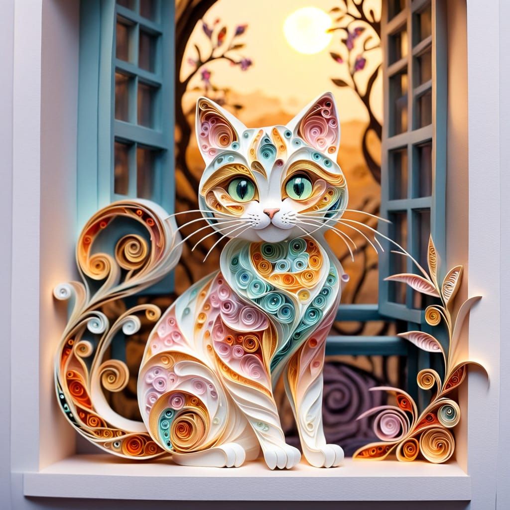 Whimsical Quilling Cat on Windowsill