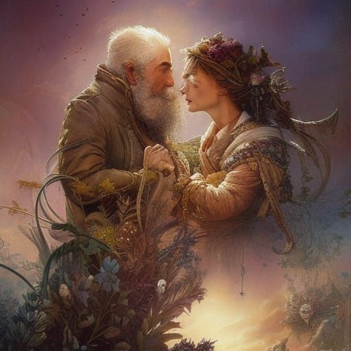 Elderly Couple's Tender Embrace in Fantasy Garden