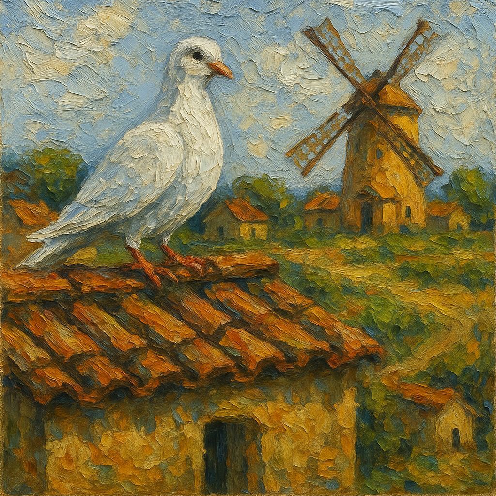 Dove on Rural Rooftop Overlooking Flour Mill in Impasto Styl...
