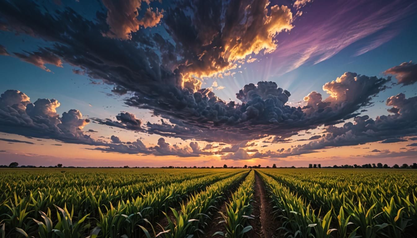 Vibrant Sunset Over Serene Crop Field