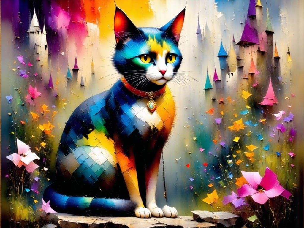 Giant Tabby Cat Guards Magical Castle as Impasto Painting