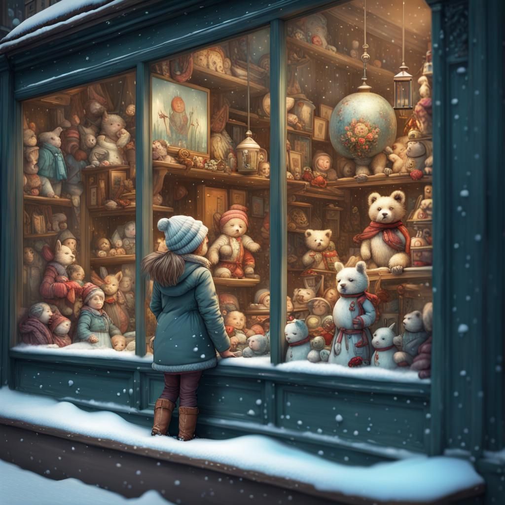 Girl Watching Toys in Shop Window, Fantasycore Style