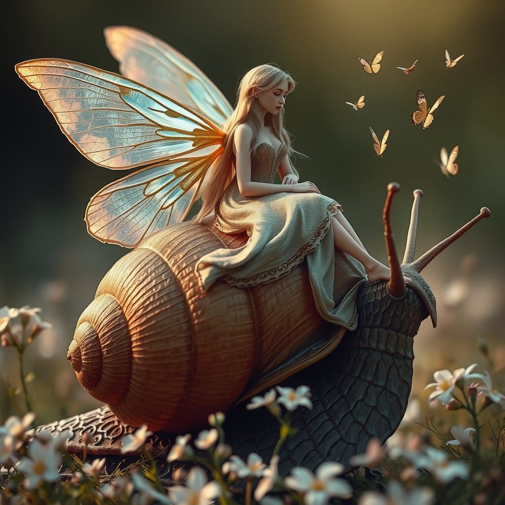 Ethereal Fairy on Snail with Butterfly Entourage