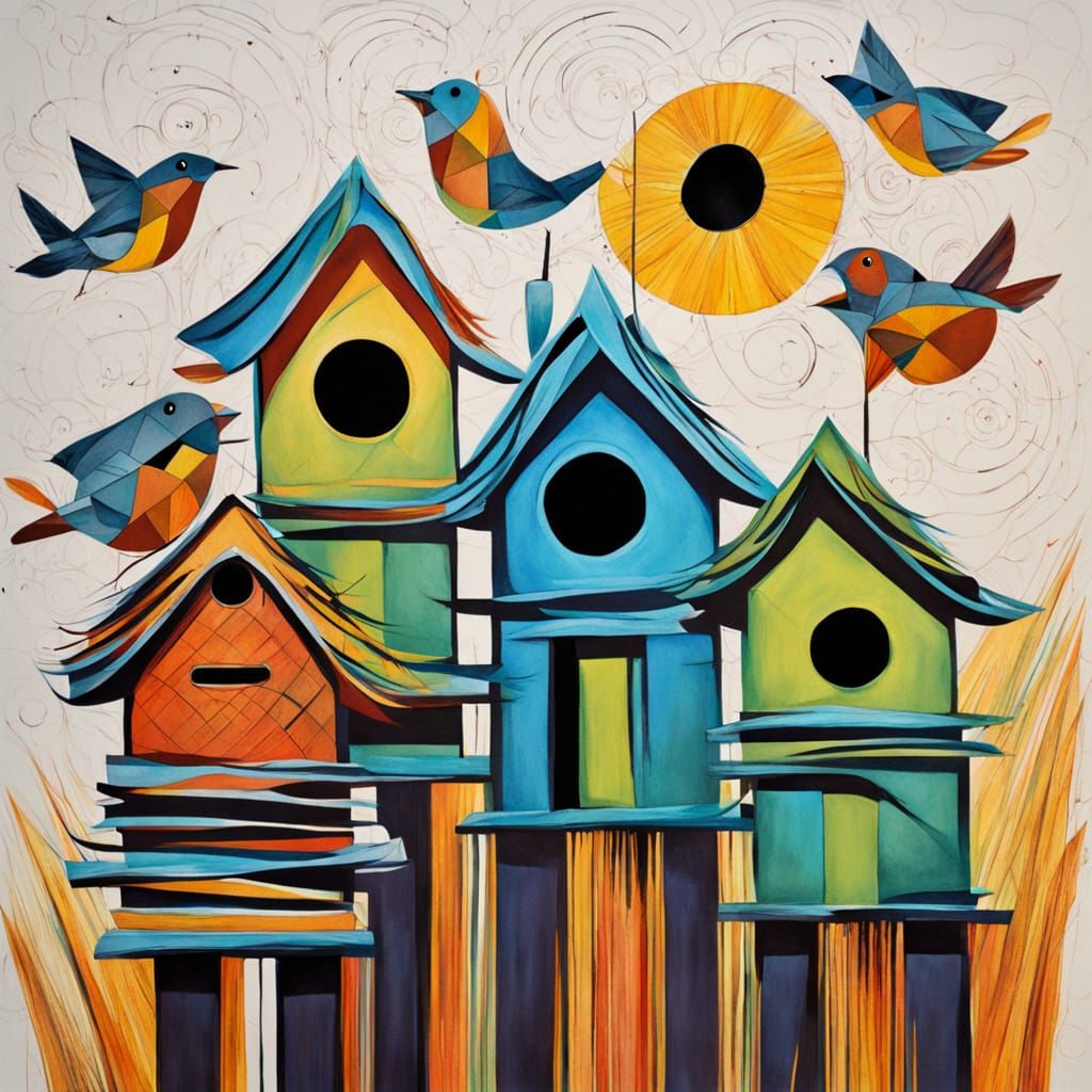 A birdhouse neighborhood on a tree With little birds flying and perching everywhere. there are three birdhouses. the fir...