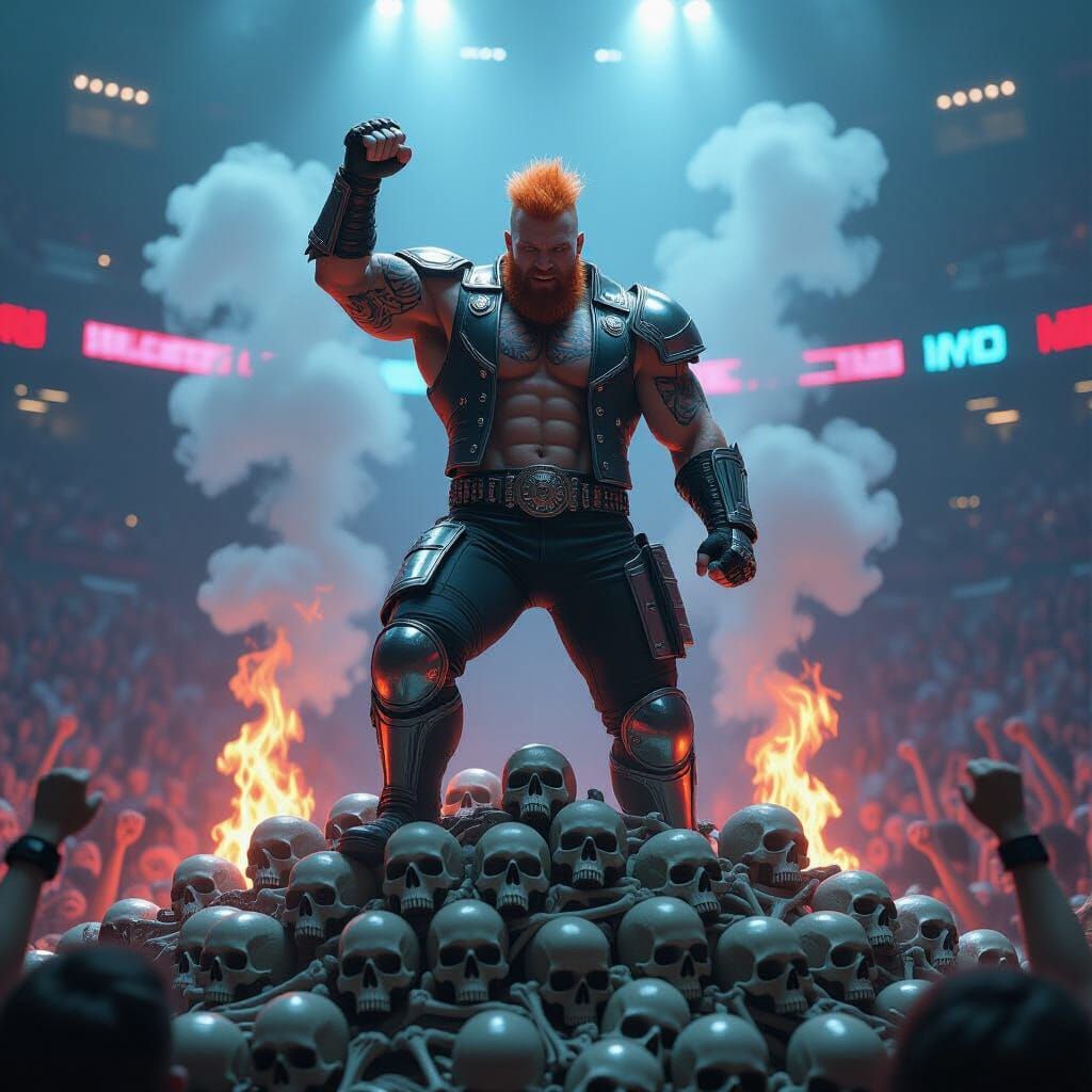 Cyberpunk Wrestler Triumphant in Neon Arena