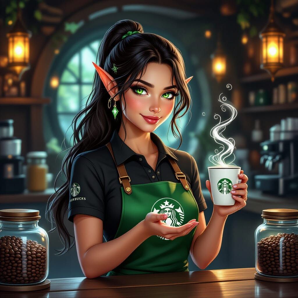 Elven Starbucks Barista in Magical Cafe: Fantasy Artwork