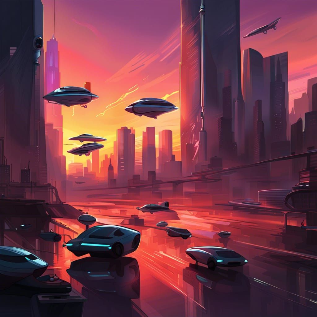 Futuristic Cityscape at Sunset: Digital Painting