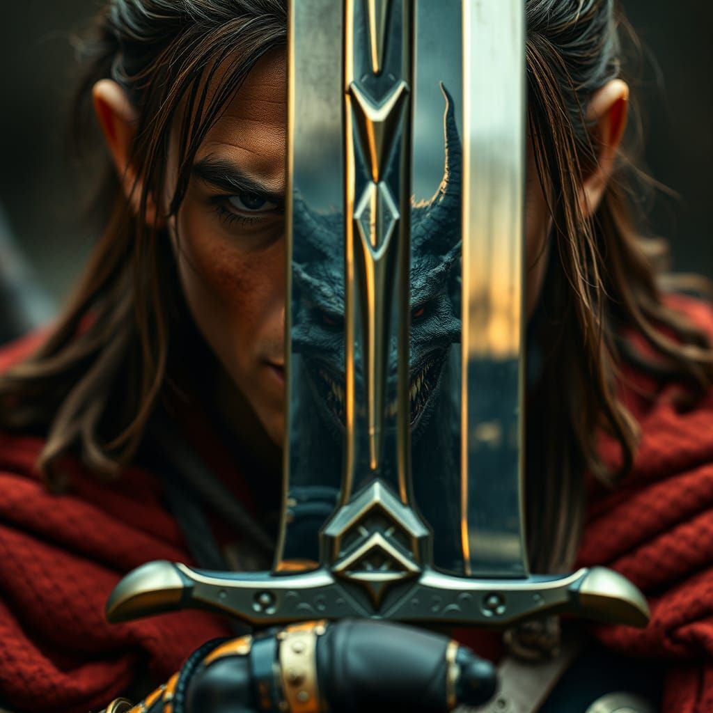 Fierce Warrior with Reflective Sword and Demon