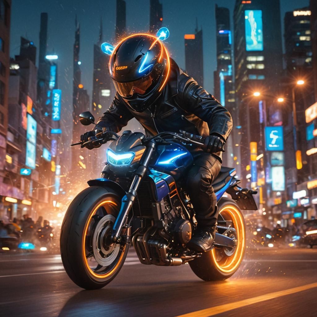 Futuristic Motorcycle Rider in Neon Cityscape