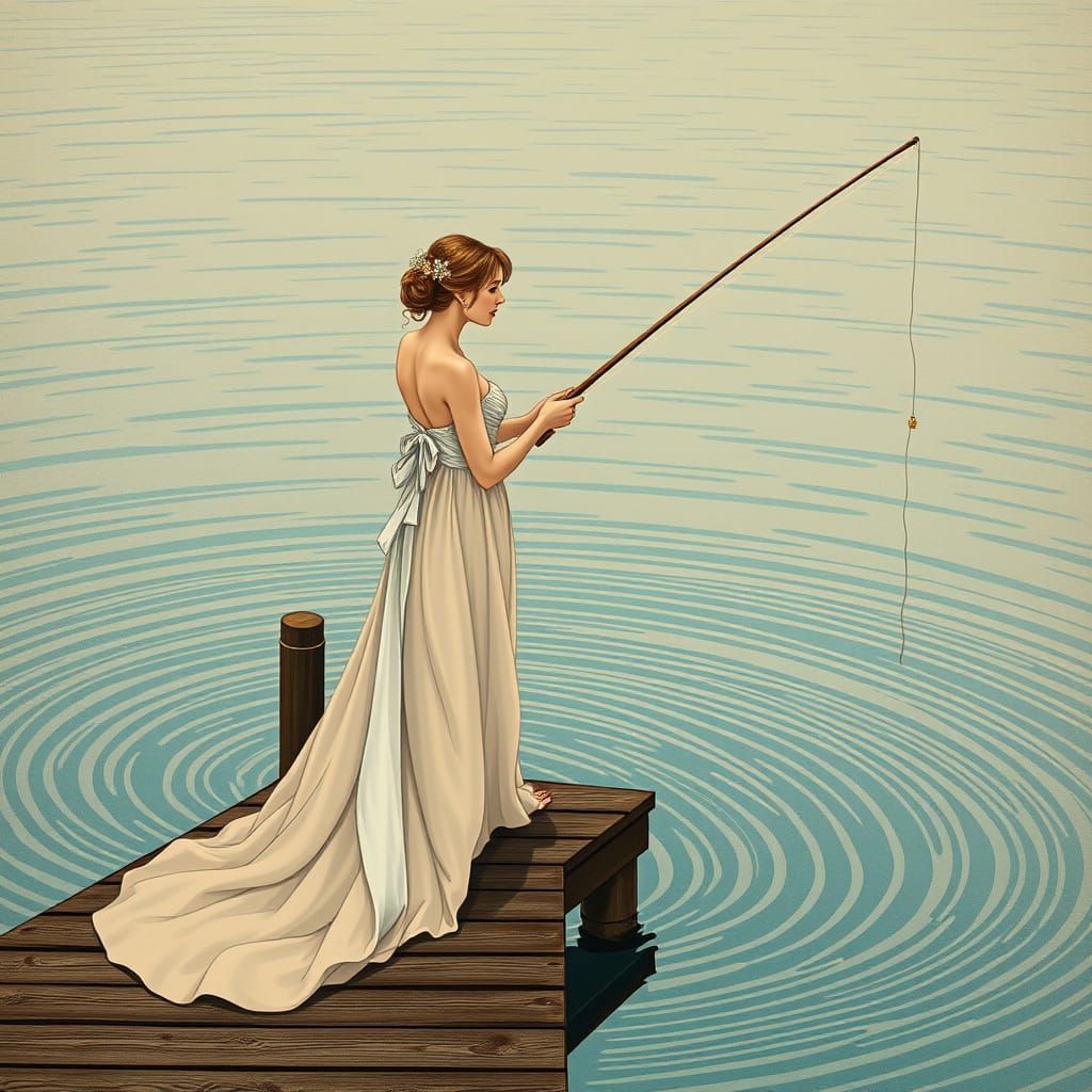 Elegant Woman Fishing: An Art Nouveau Vision