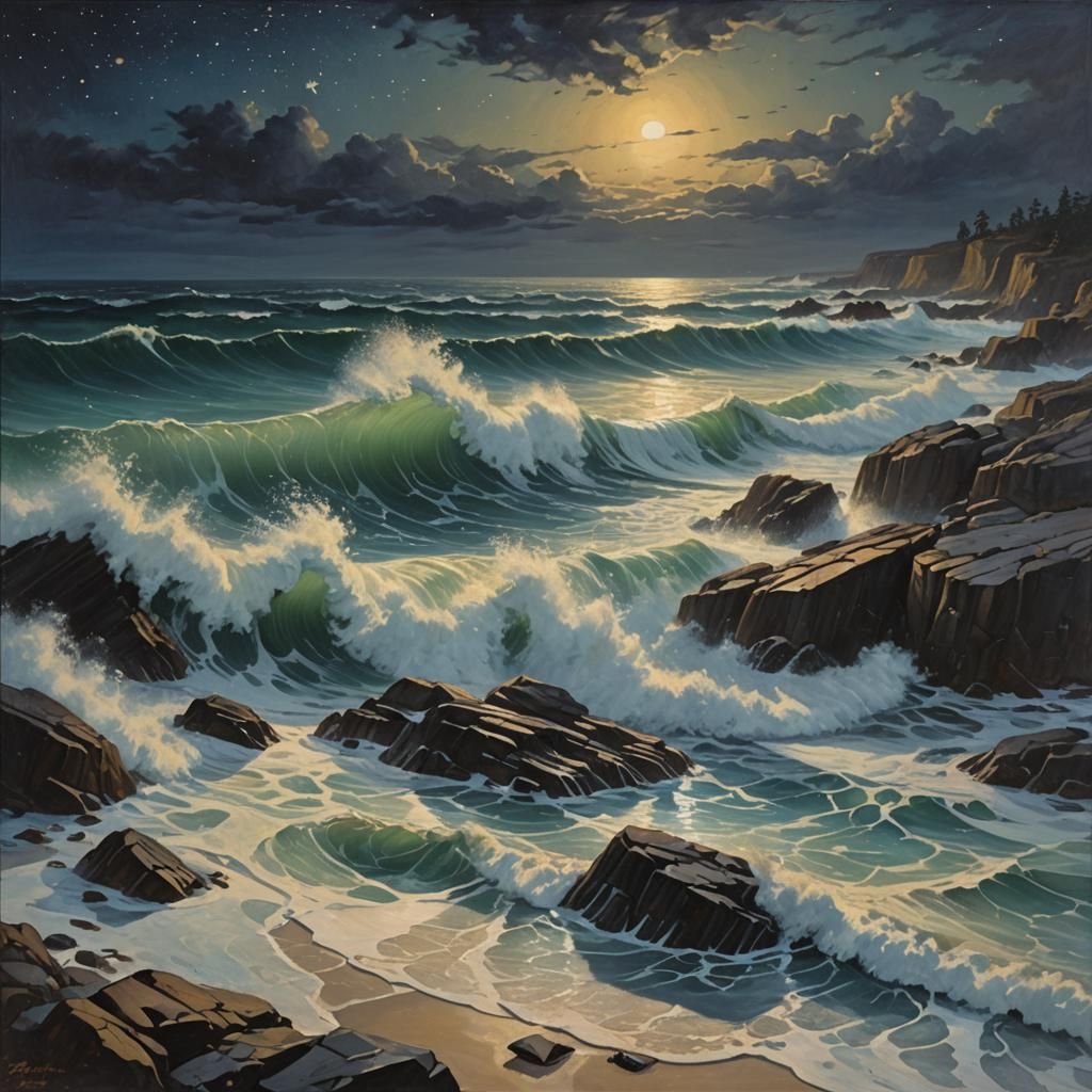 Starlit Ocean Waves in Oil Painting Style