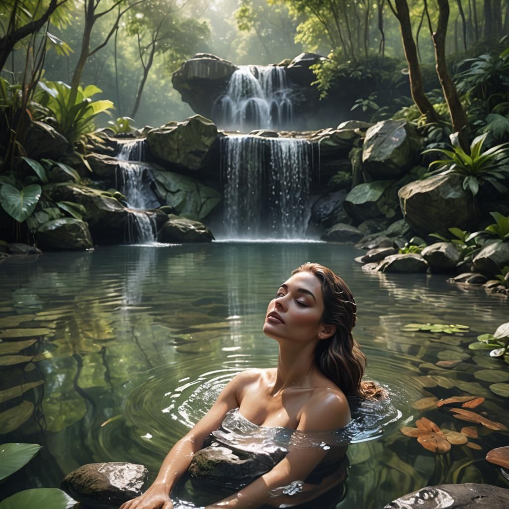 Serene Woman Bathing in Forest Pond: 3D Portrait