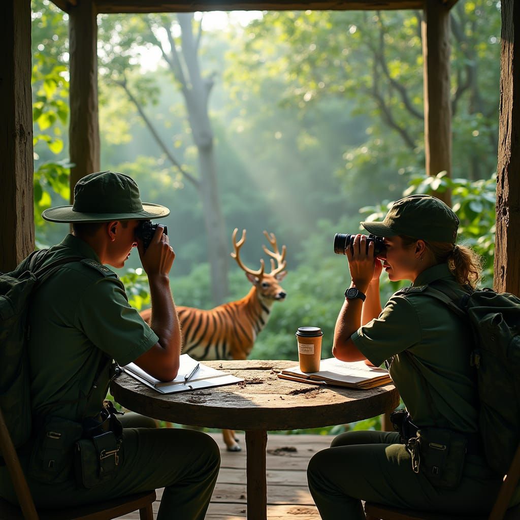 Forest Rangers Observe Wildlife Interaction