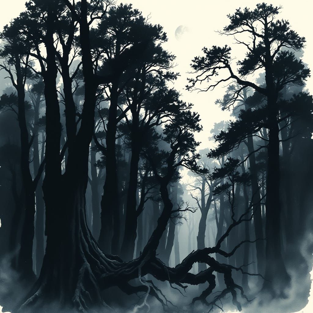 Ink Wash Forest Scene Under Full Moon