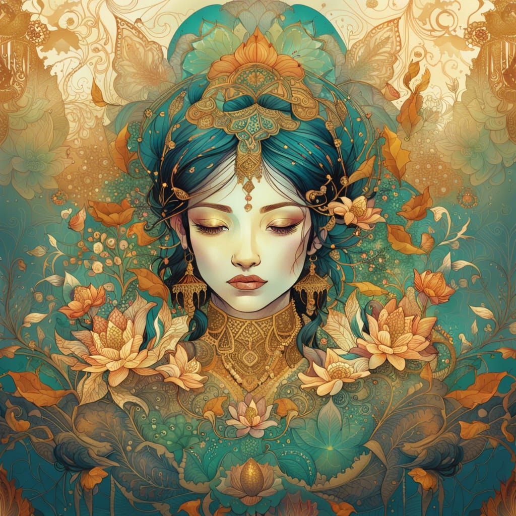 Intricate Golden Lotus Mehndi: Digital Concept Art