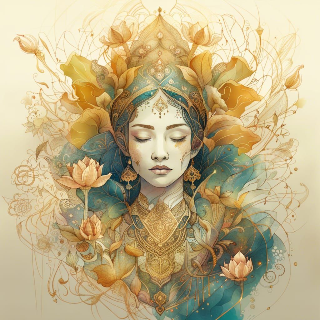 Intricate Golden Lotus Mehndi Illustration