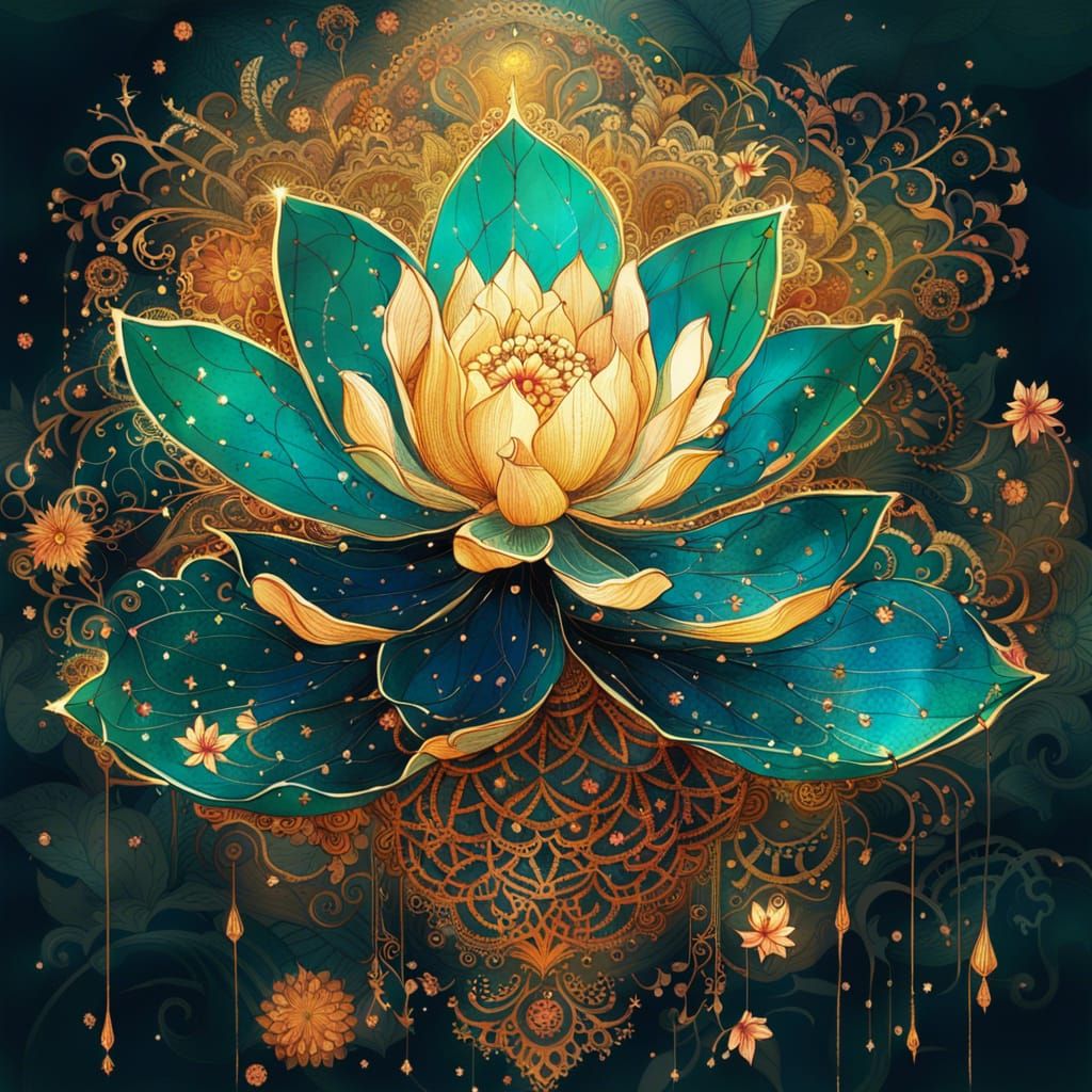 Intricate Golden Lotus Flower Mehndi Digital Painting