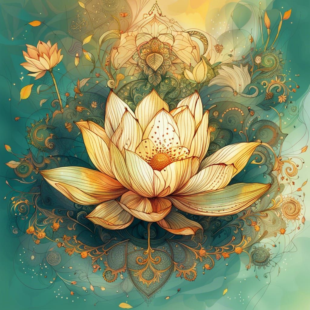Intricate Golden Lotus Flower Digital Painting