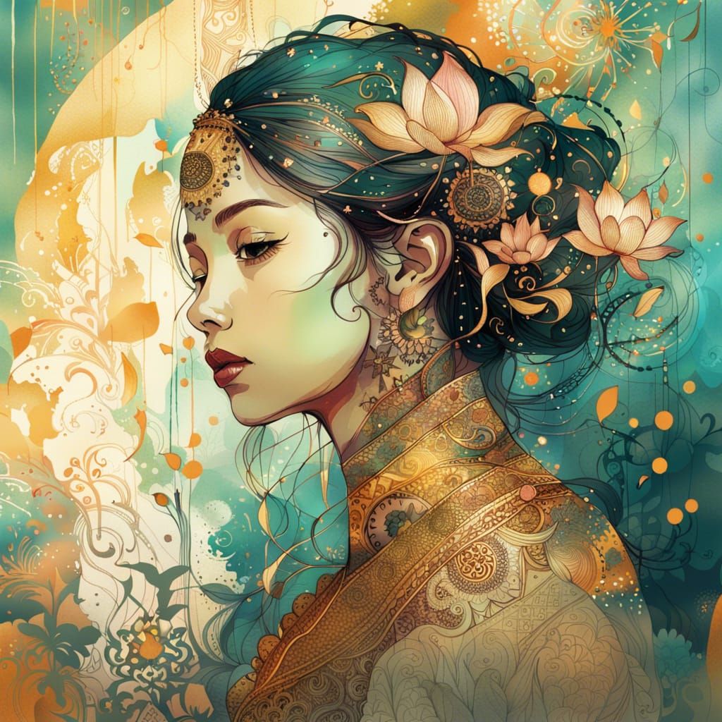 Intricate Golden Lotus Mehndi Digital Painting