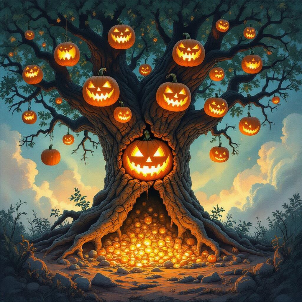 Ancient Tree with Luminous Pumpkins and Hidden Treasure