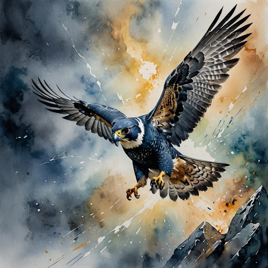Peregrine Falcon Hunting: Watercolor Glass Oil Painting