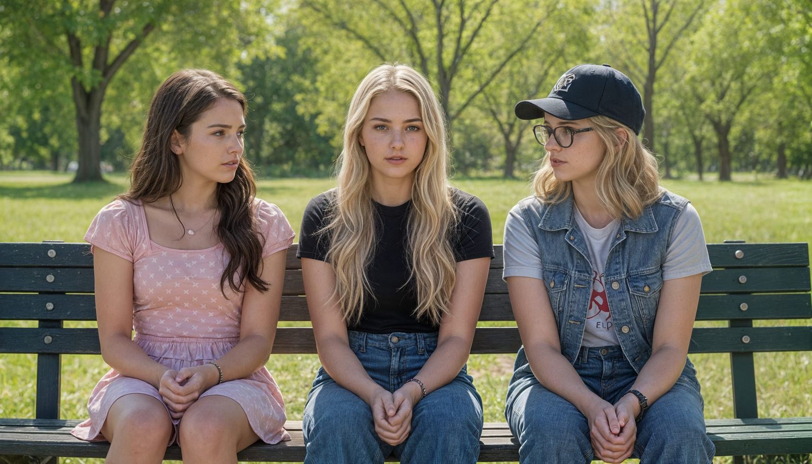 Three Teen Girls on Park Bench in Cinematic Film Still