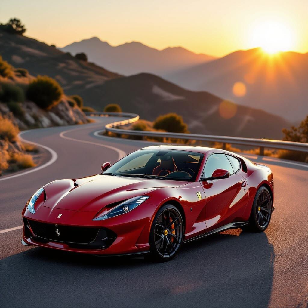 Blood-Red Ferrari 812 Superfast on Mountain Road at Sunset