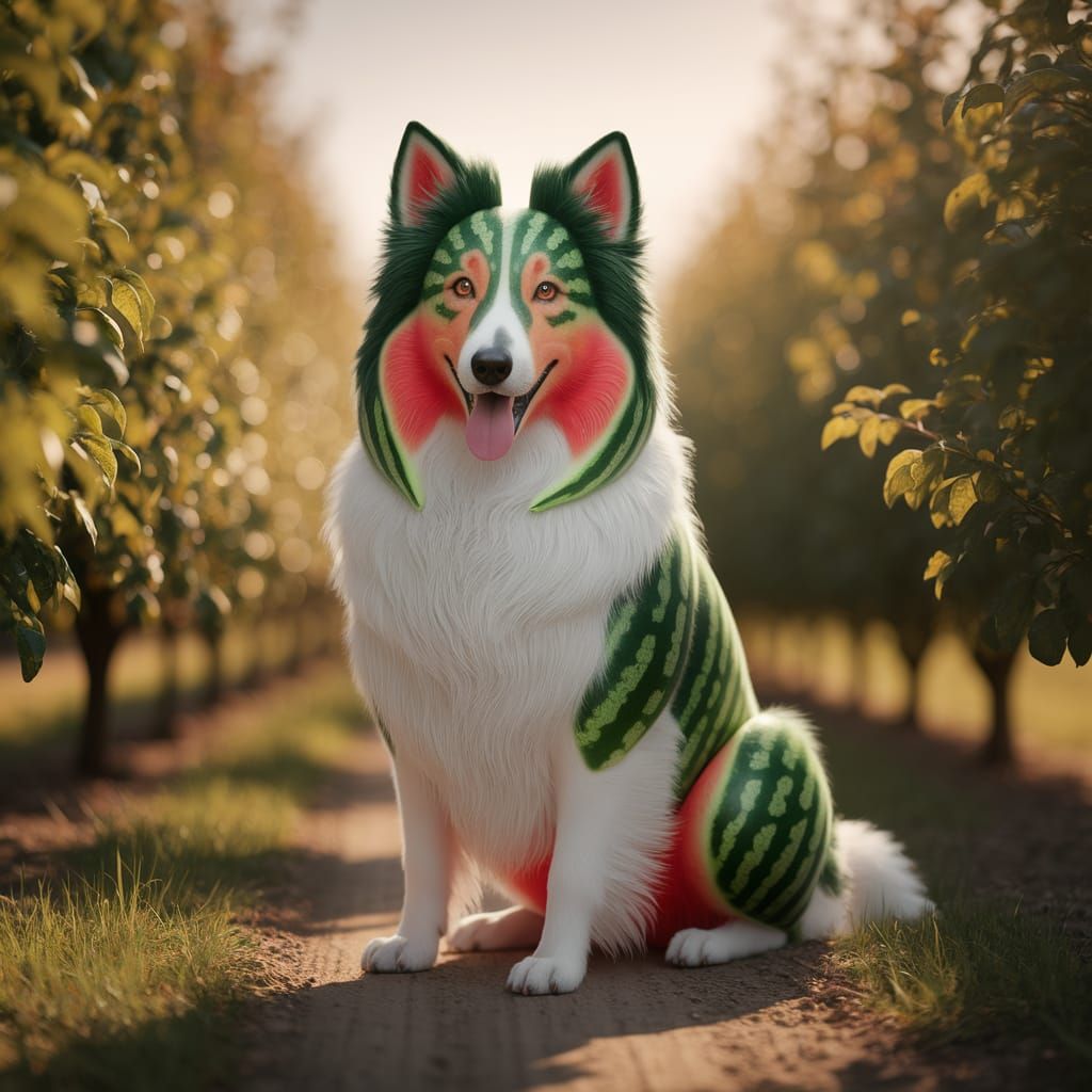 Watermelon Collie Hybrid in Sunlit Orchard, Digital Art
