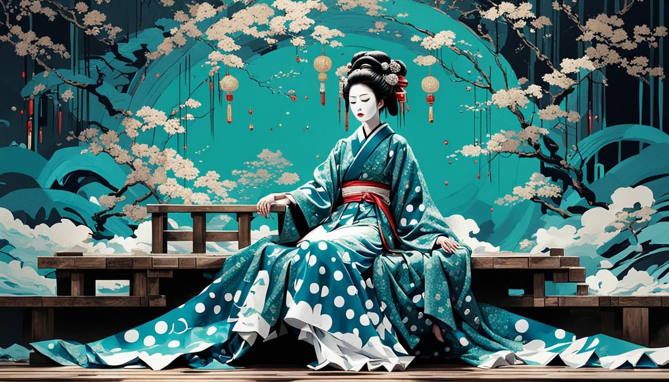 Mournful Geisha with Koto in Surreal Setting