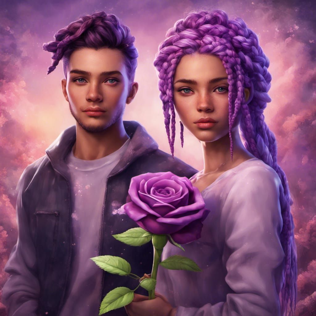Cute Young Couple with a Purple Rose