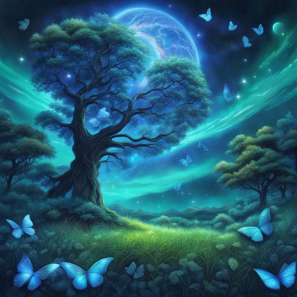 Cosmic Night Scene with Meteor and Butterflies