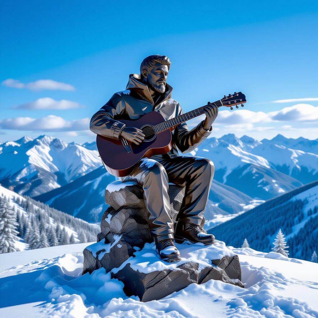 Man Playing Guitar Sculpture on Snowy Mountain