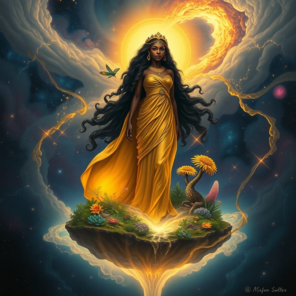 Ebony Goddess on Floating Island in Cosmic Surrealism