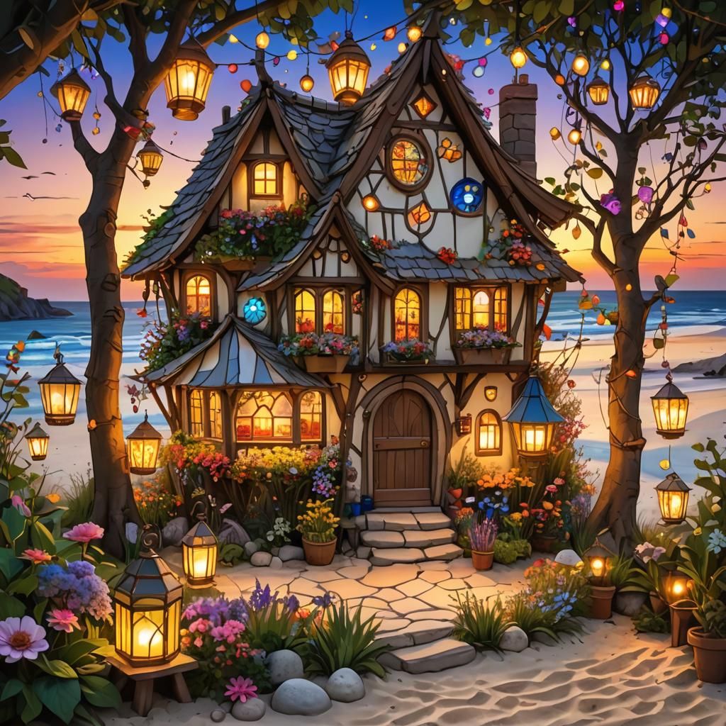 Enchanted Beach Cottage at Sunset: Colorful Realism