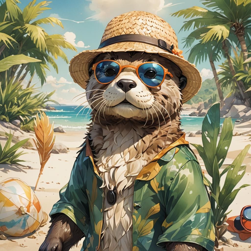 Anime Sea Otter at the Beach in Watercolor Style