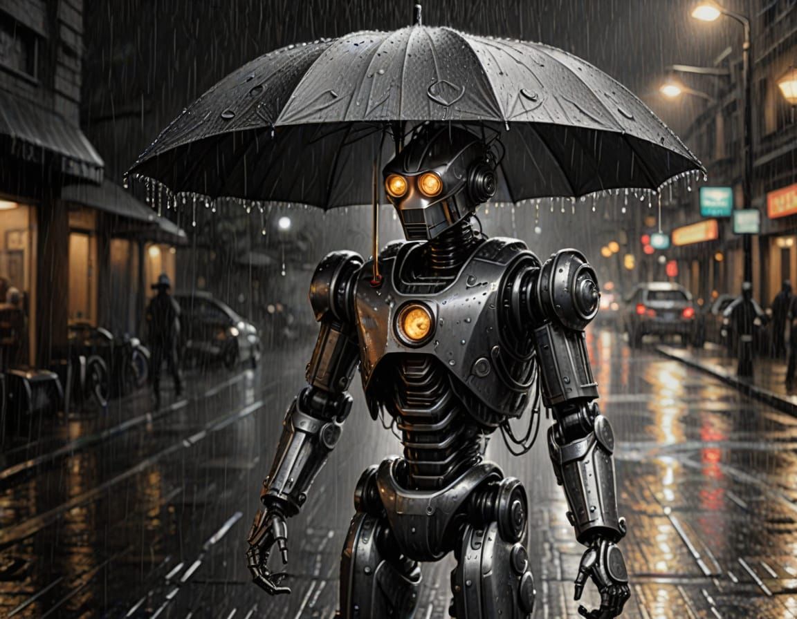 Robotic Figure Holding Umbrella in Rainy Cityscape