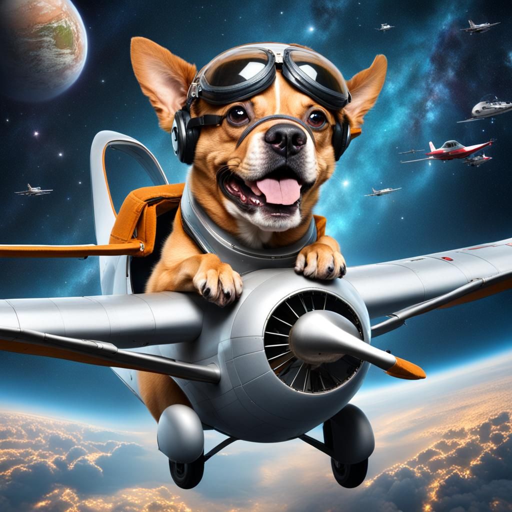 Dog Flying Plane Through Space