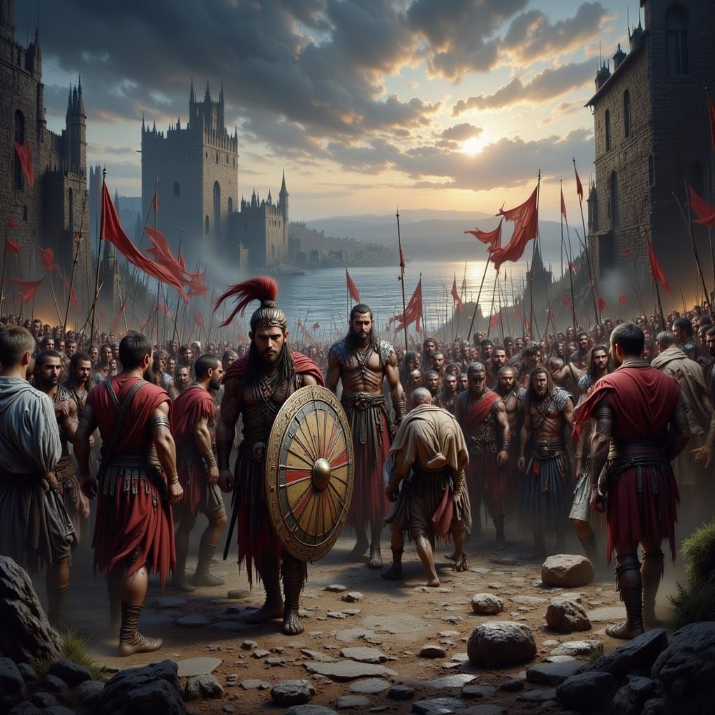 Druids' Last Stand on Anglesey in Epic Oil Painting Style